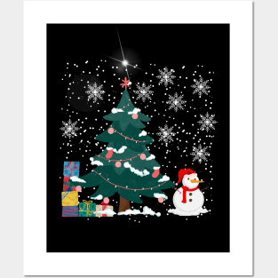 Snowman with Christmas tree and gifts Posters and Art